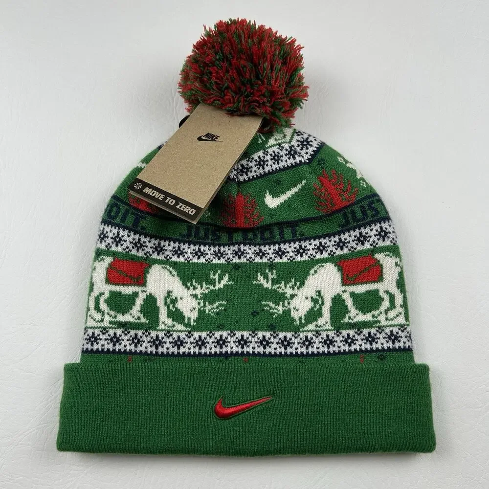 Nike Christmas Pom Beanie Hat Green Reindeer Just Do It Cuffed One Size NWT